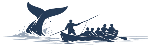 Whaling ship pursuing a whale, symbolic of the deeper story beneath visible conflict.